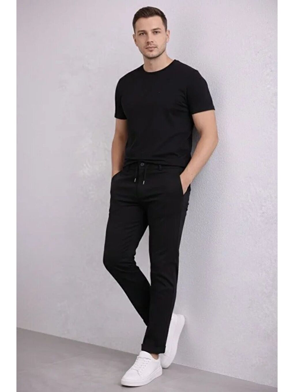 Erkek Diagonel Mikro Dokulu Duble Paça Cepli Pantolon Bağcıklı Bel, Modern Kesim - Siyah-1