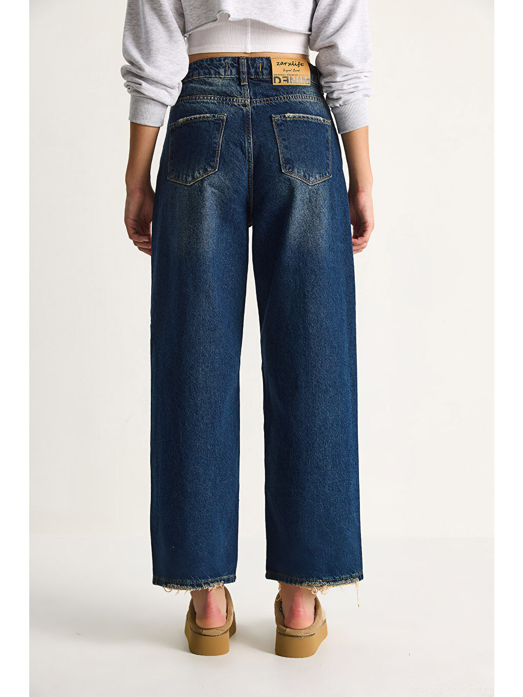 Lacivert Kadın Baggy Fit Yüksek Bel Düz Paça Denim Pantolon-6