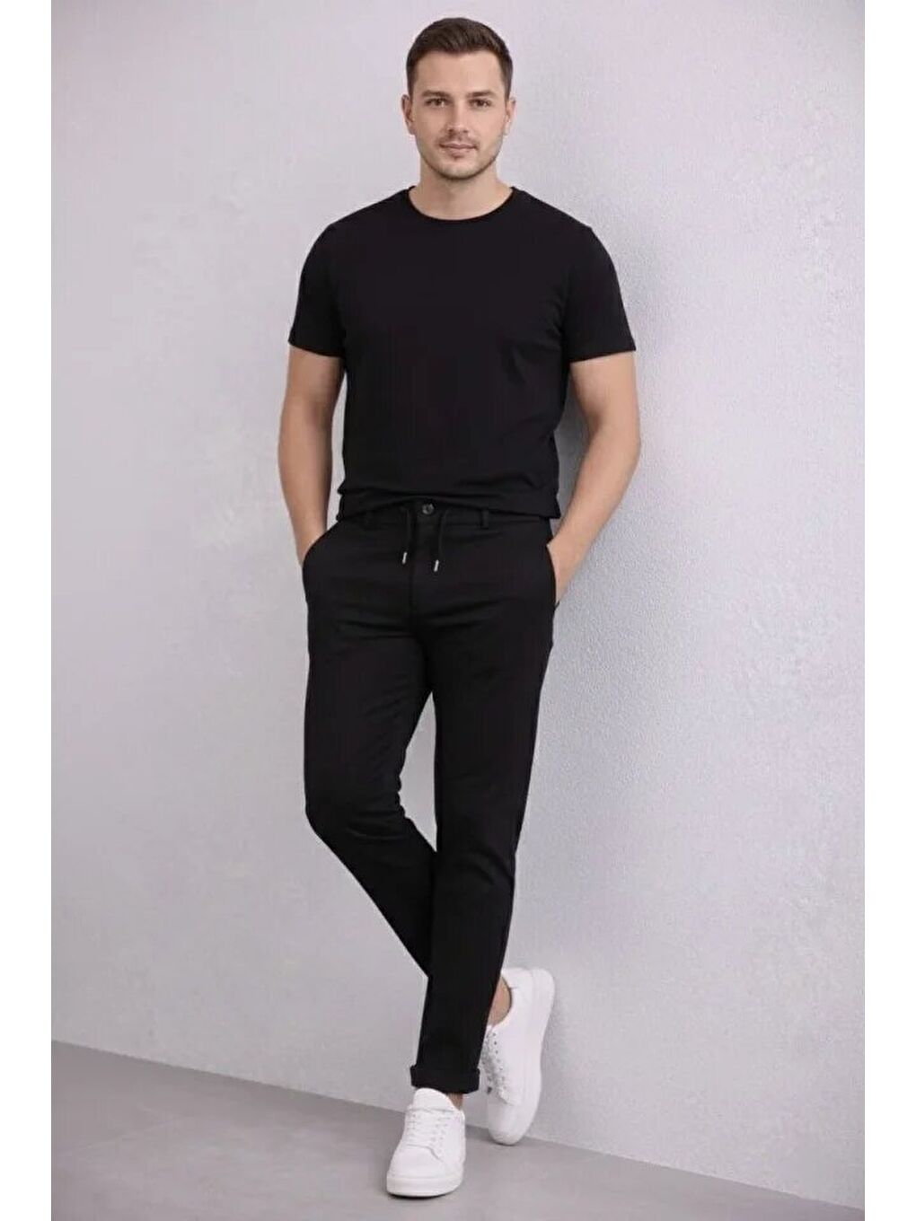 Erkek Diagonel Mikro Dokulu Duble Paça Cepli Pantolon Bağcıklı Bel, Modern Kesim - Siyah-2