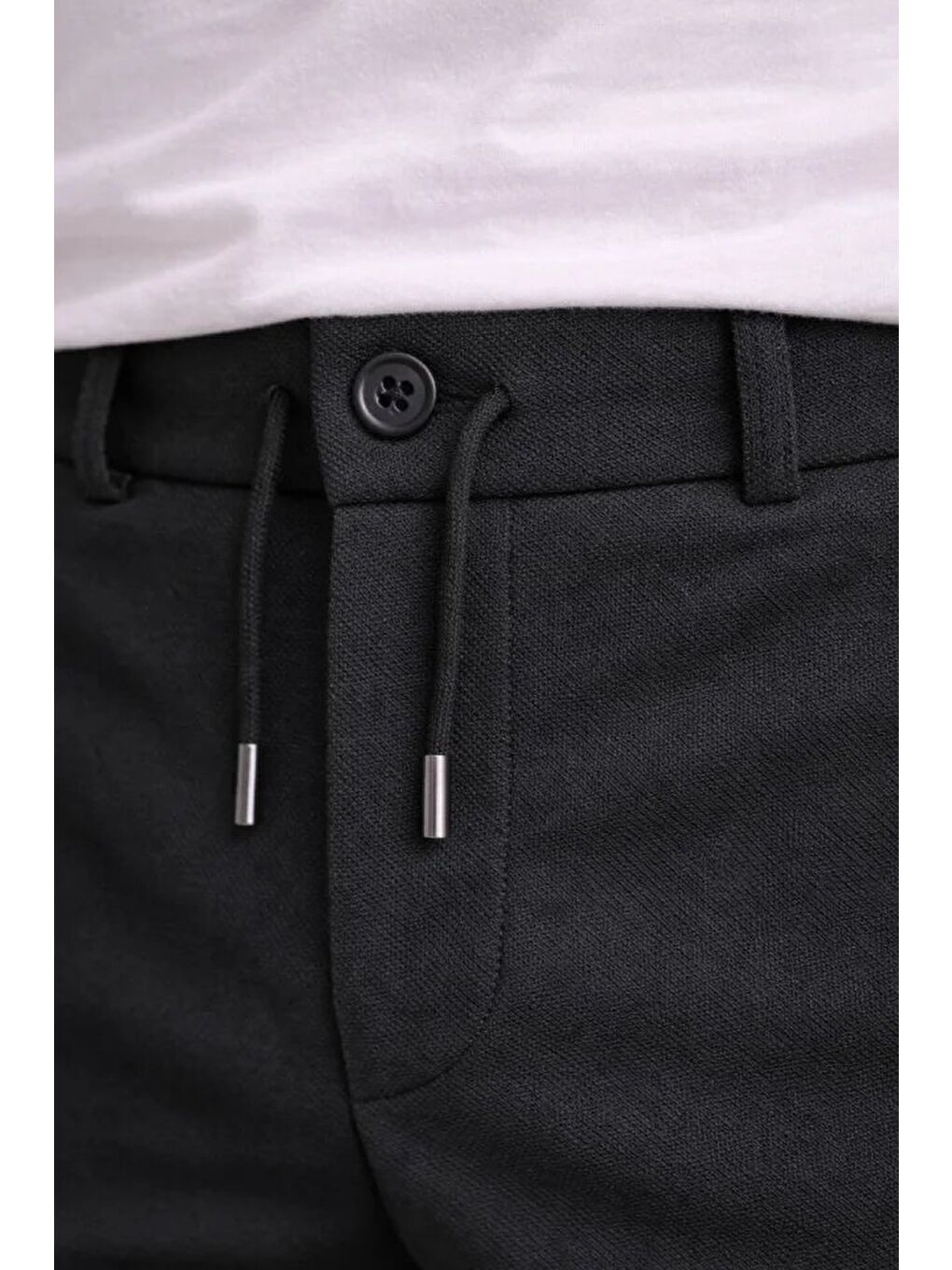 Erkek Diagonel Mikro Dokulu Duble Paça Cepli Pantolon Bağcıklı Bel, Modern Kesim - Siyah-3