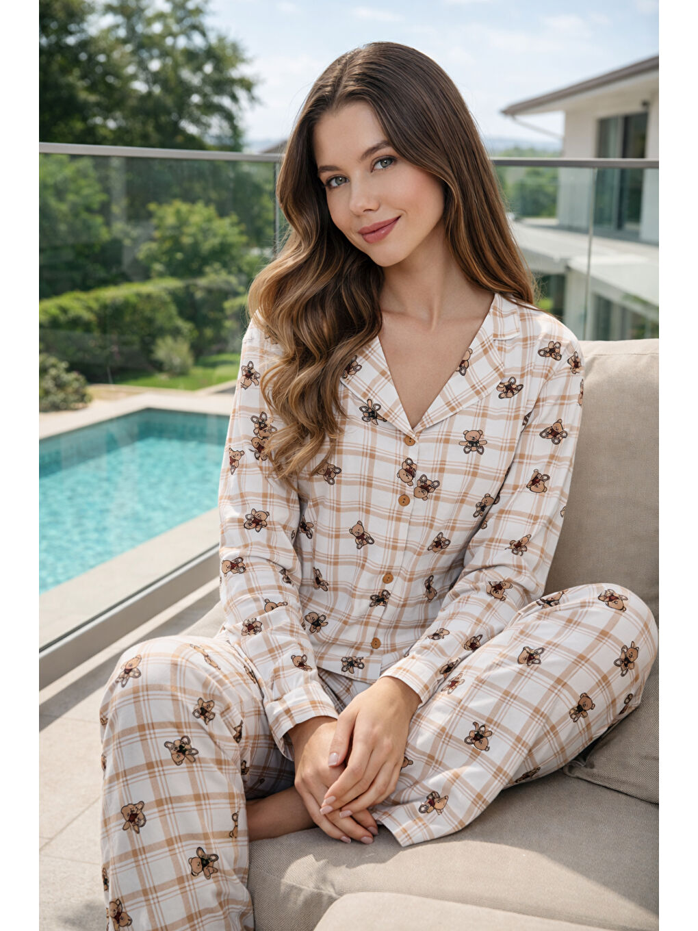 Kadın Ayıcık Desen Önü Düğmeli Suprem Pijama Takımı 0322 Beyaz03-3