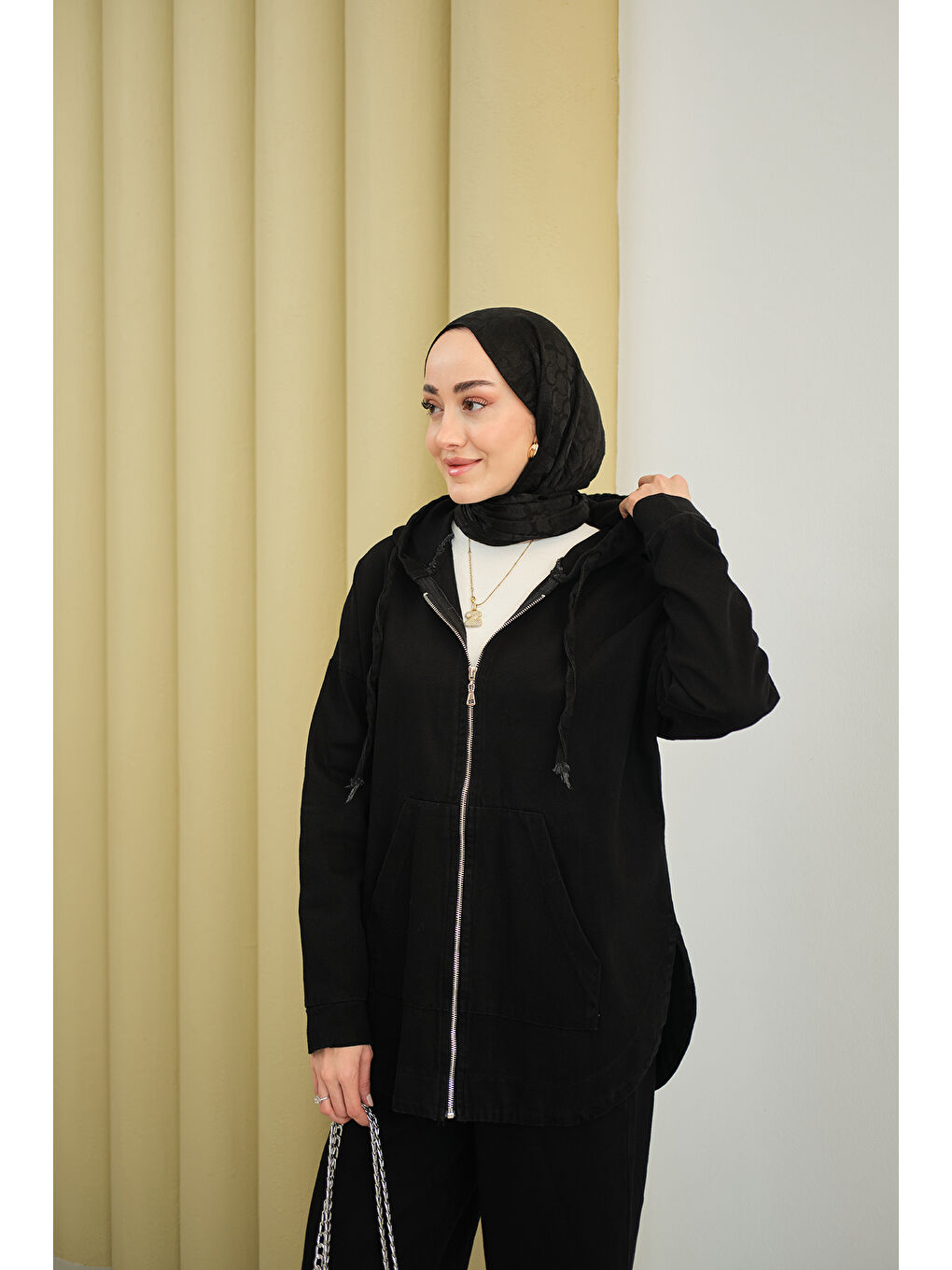 Kadın Kapüşonlu Jean Takım Siyah-4