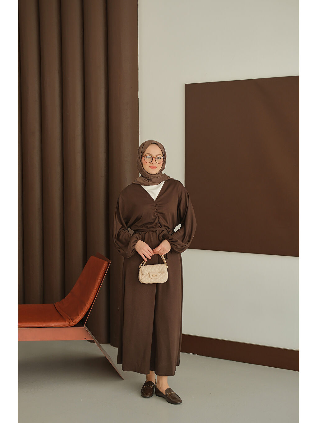 Kadın Büzgü Detay Elbise Kahverengi-2