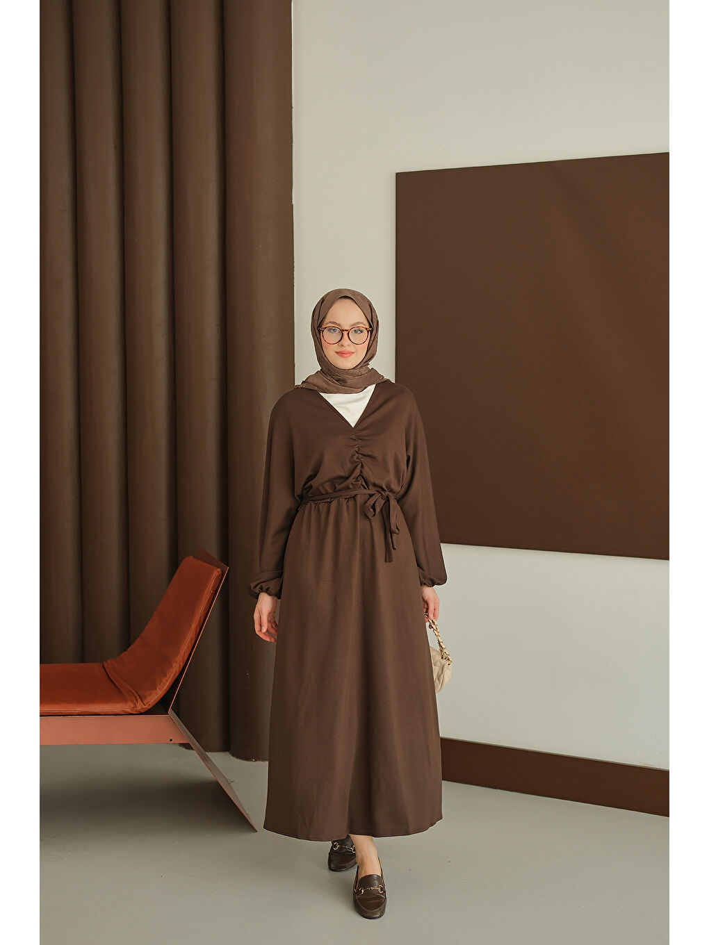 Kadın Büzgü Detay Elbise Kahverengi-3
