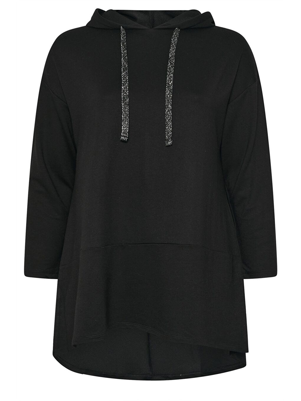 Siyah Büyük Beden Kapüşonlu Uzun Kollu Asimetrik Kesim Uzun Sweatshirt 304048-5