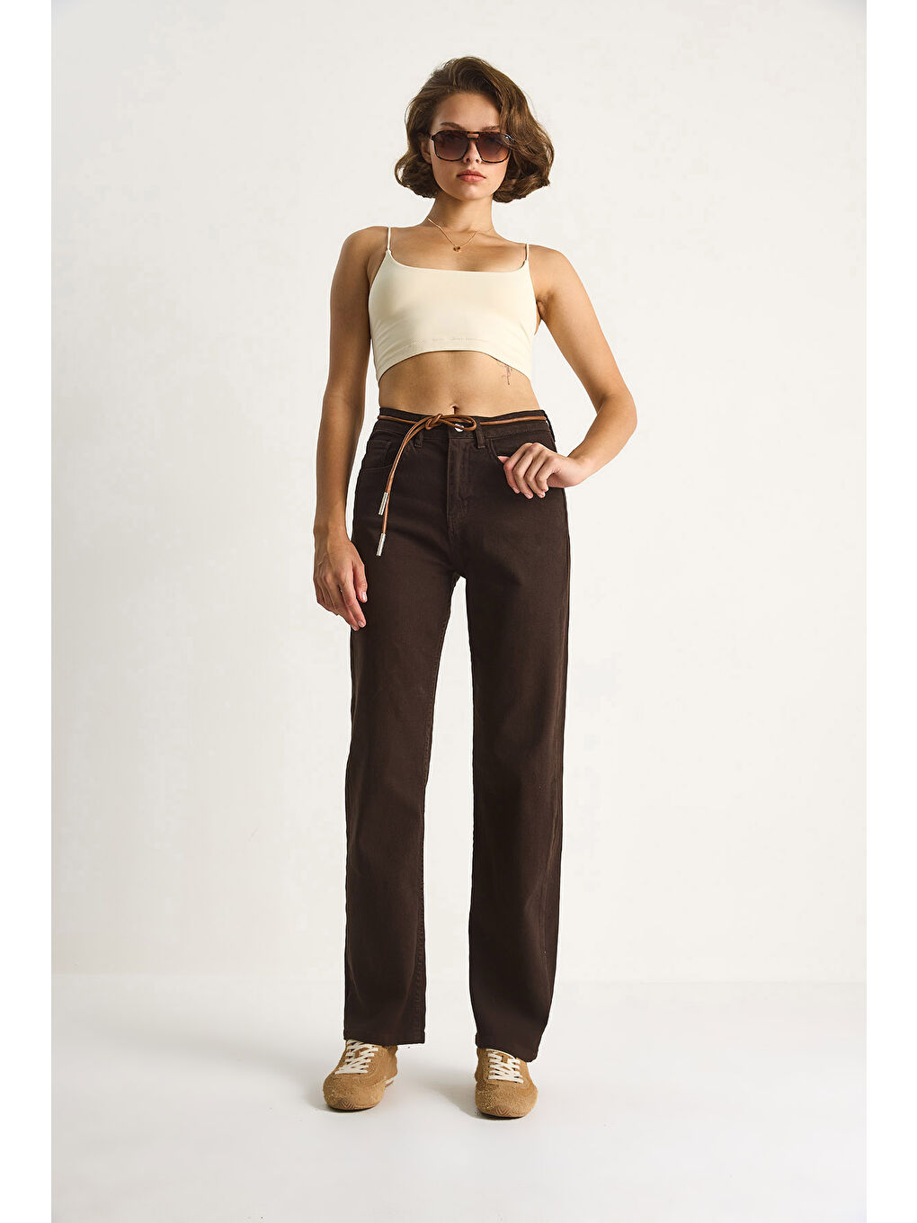 Kahverengi Kadın Yüksek Bel Denim Pantolon-1