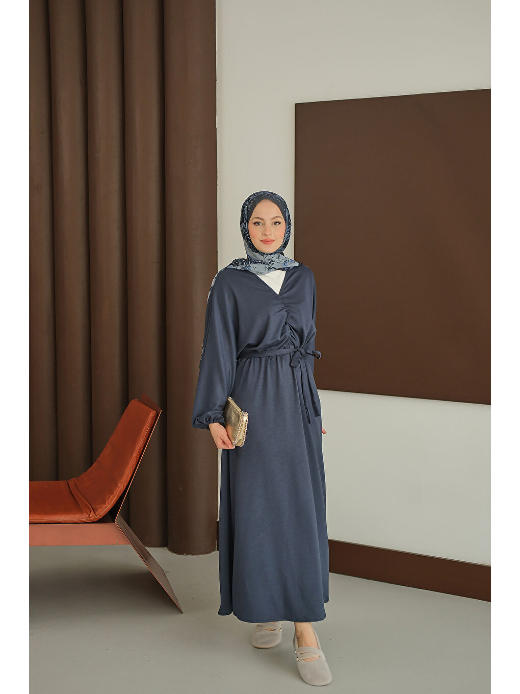 Kadın Büzgü Detay Elbise Lacivert-1