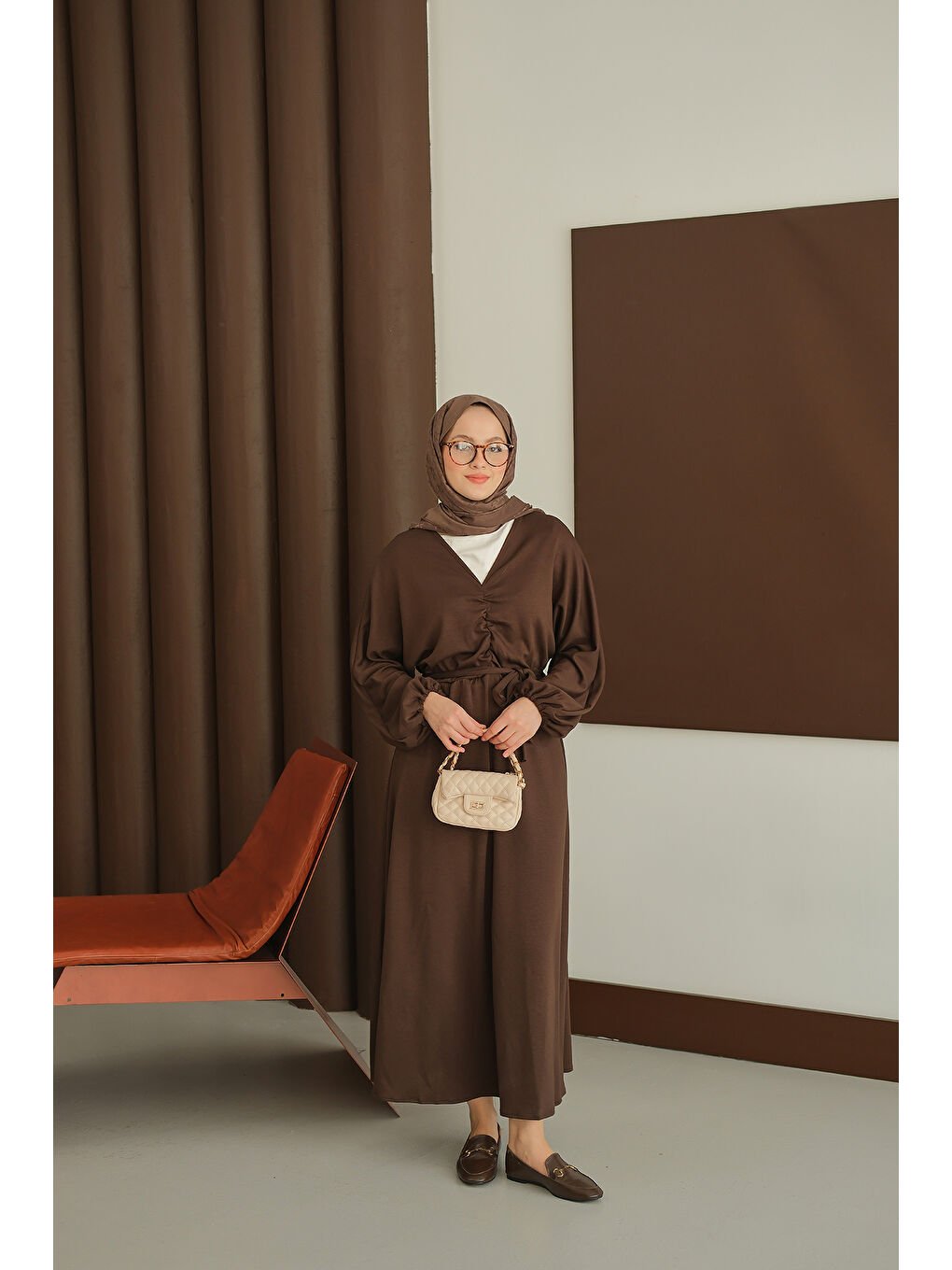 Kadın Büzgü Detay Elbise Kahverengi-4