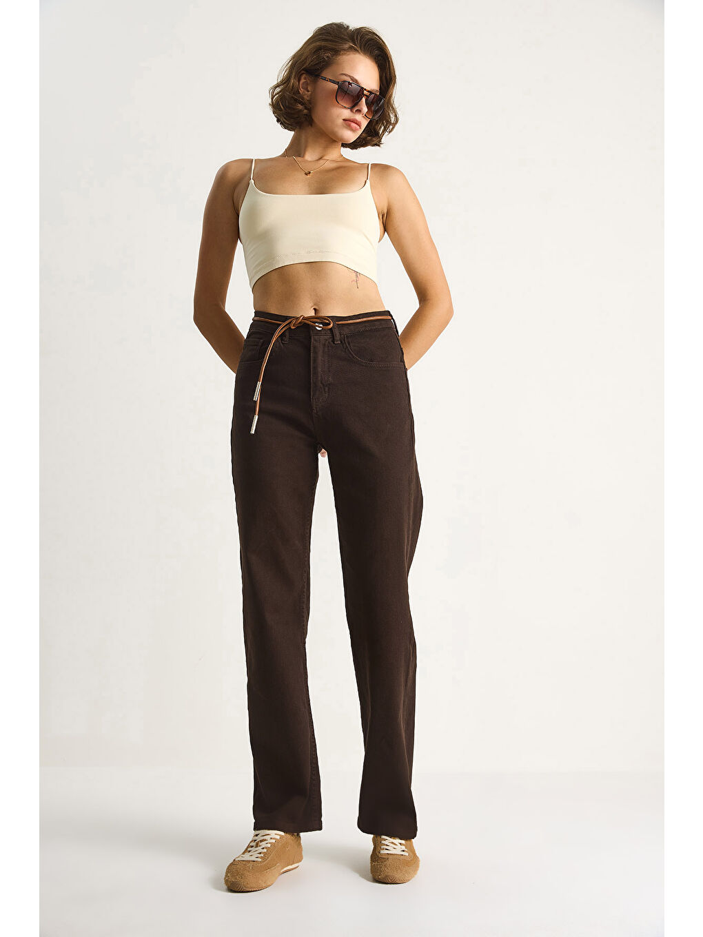 Kahverengi Kadın Yüksek Bel Denim Pantolon-2