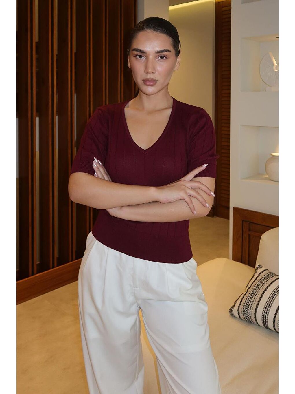 Bordo V Yaka Örgülü Kadın Triko Tişört Mg2369-1