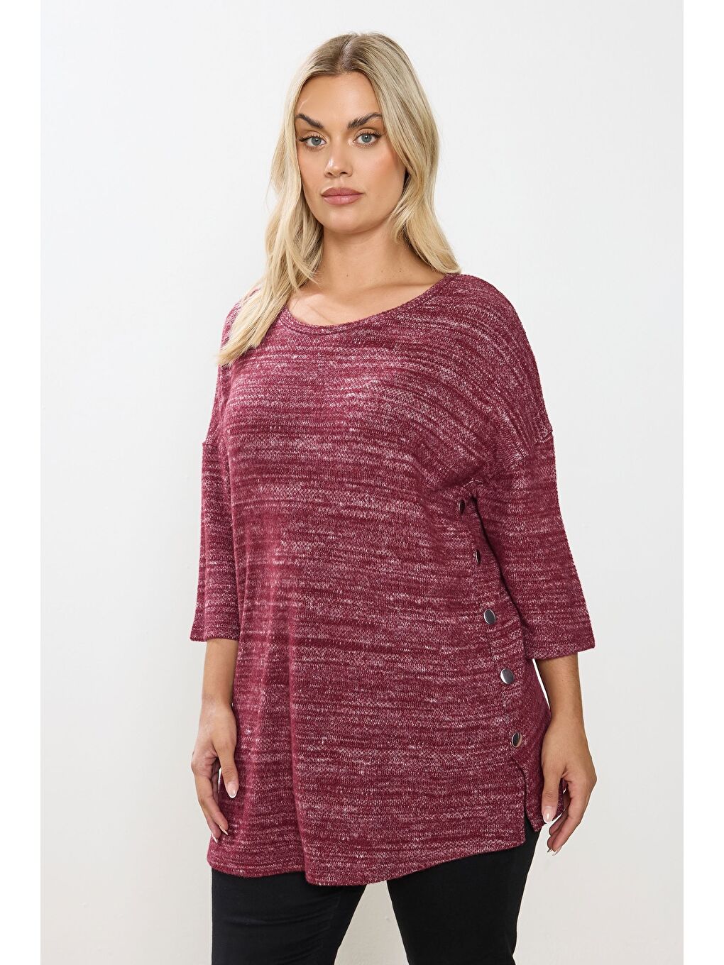 Mor Büyük Beden Bisiklet Yaka Yarım Kol Düğme Detaylı Sweatshirt 304438-1