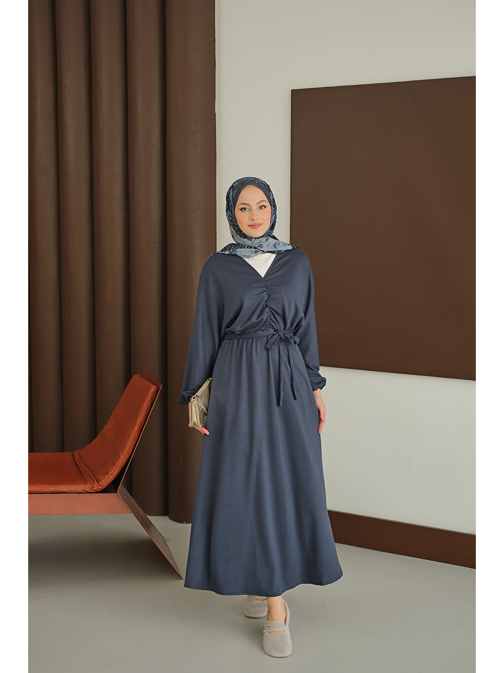 Kadın Büzgü Detay Elbise Lacivert-2