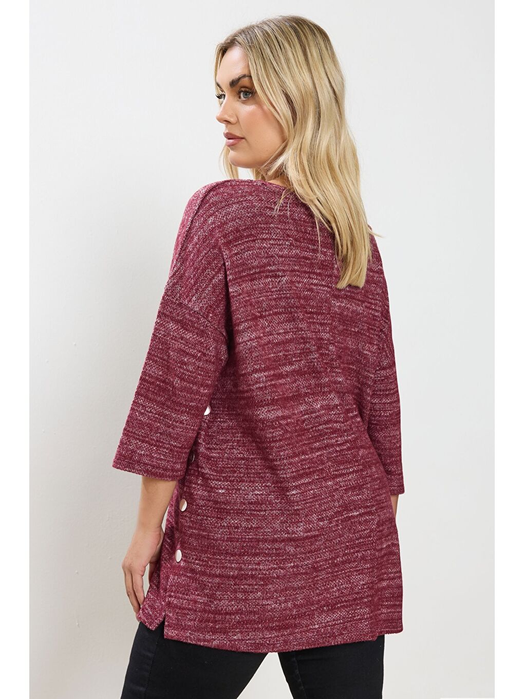 Mor Büyük Beden Bisiklet Yaka Yarım Kol Düğme Detaylı Sweatshirt 304438-3