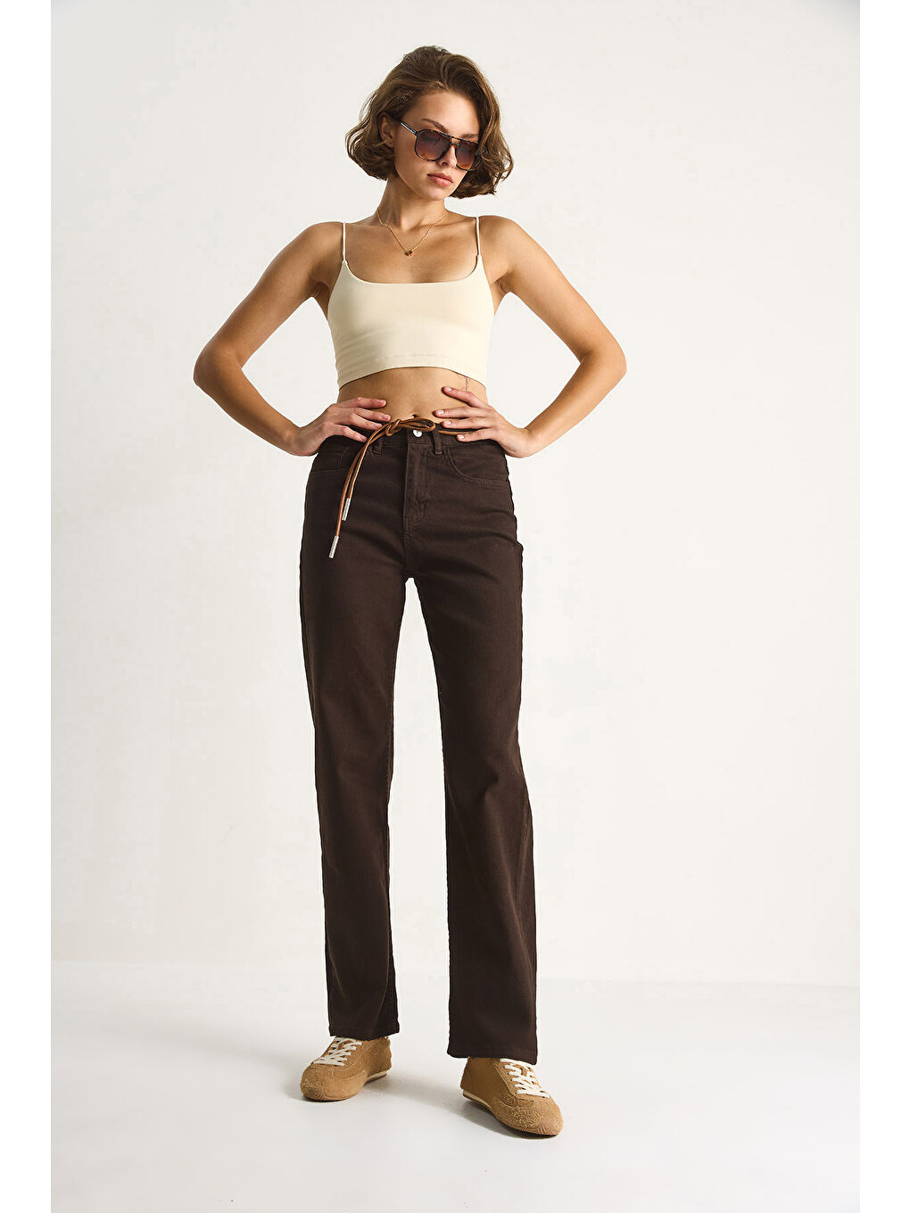 Kahverengi Kadın Yüksek Bel Denim Pantolon-3