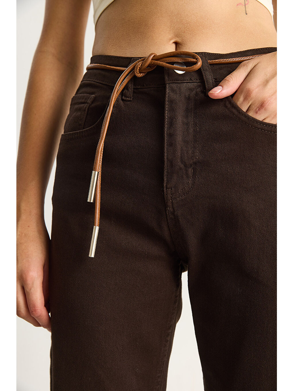 Kahverengi Kadın Yüksek Bel Denim Pantolon-4