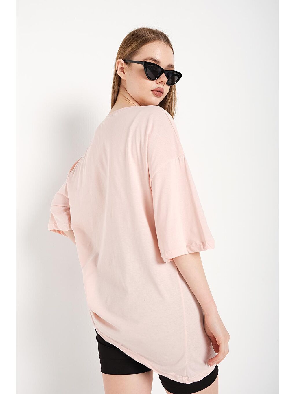 Trendseninle Pembe Kadın Palm Springs Pudra Pembe Baskılı Oversize Tişört - 3