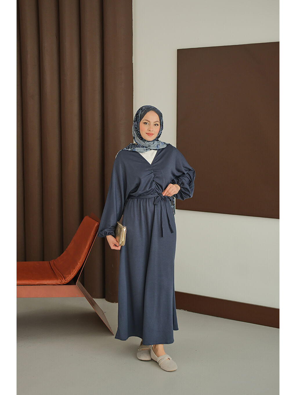 Kadın Büzgü Detay Elbise Lacivert-3
