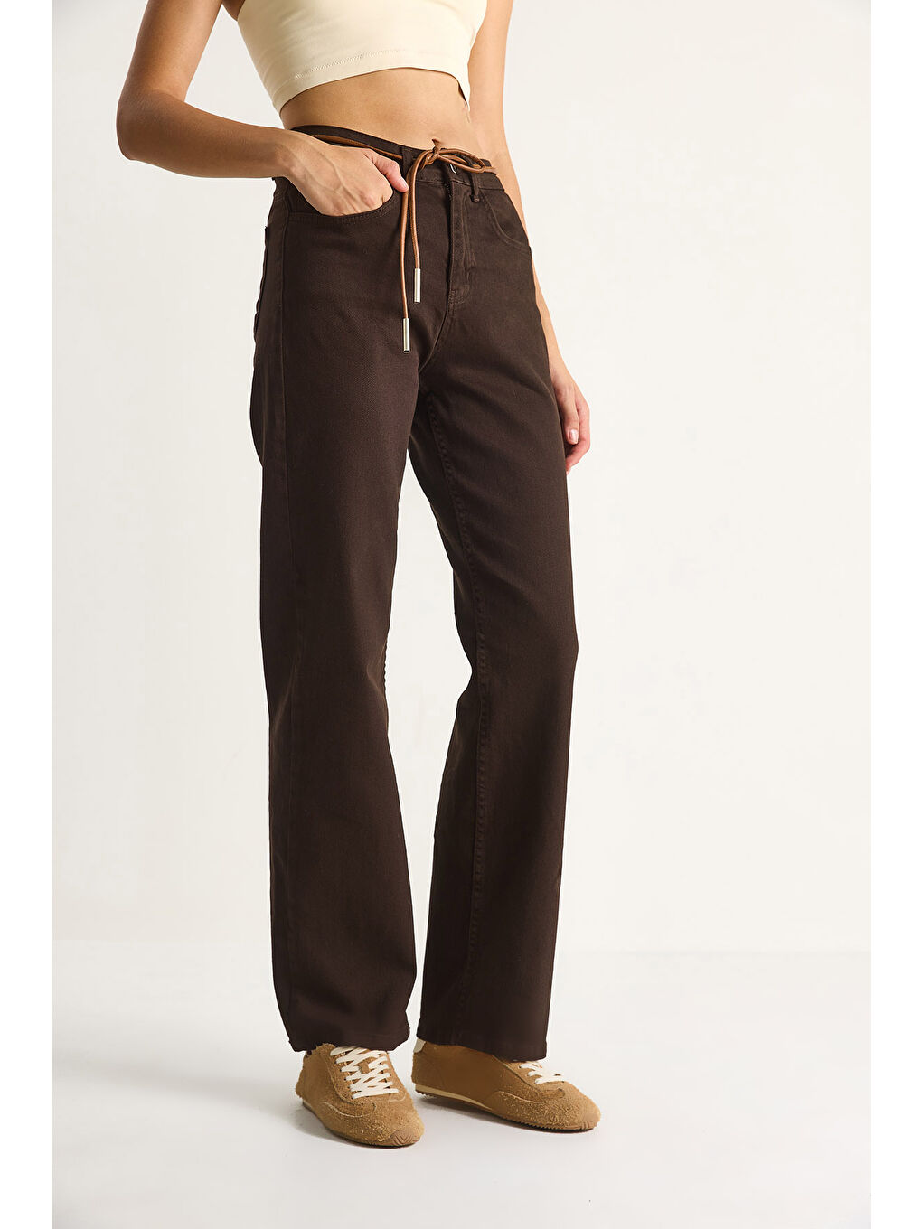 Kahverengi Kadın Yüksek Bel Denim Pantolon-5