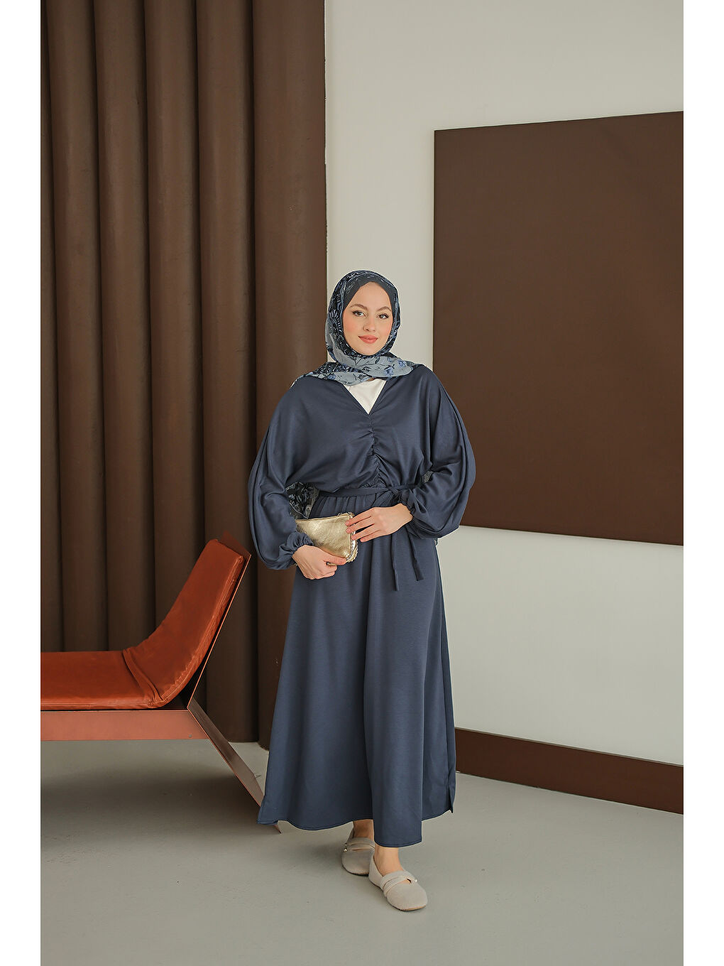 Kadın Büzgü Detay Elbise Lacivert-4