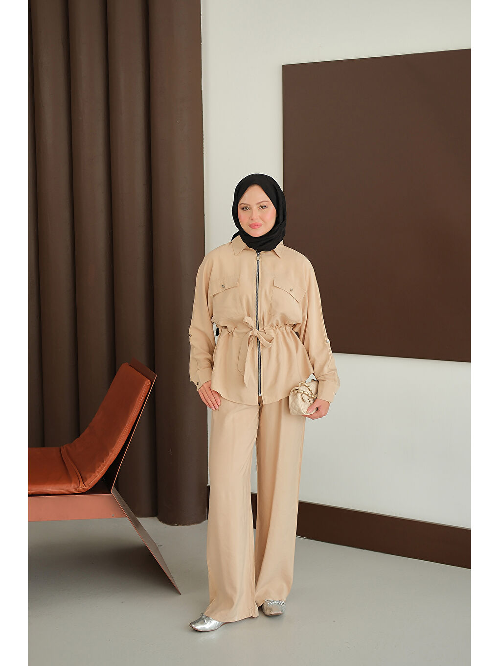 Ekru Kadın Fermuarlı İkili Takım Krem-1