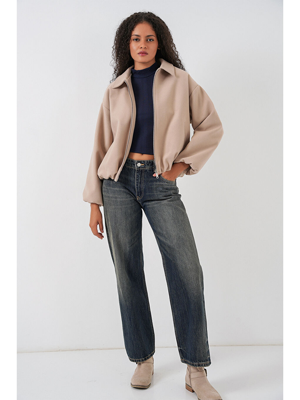 Kadın Büzgülü Oversize Kaşe Ceket 0728 - Bej-1