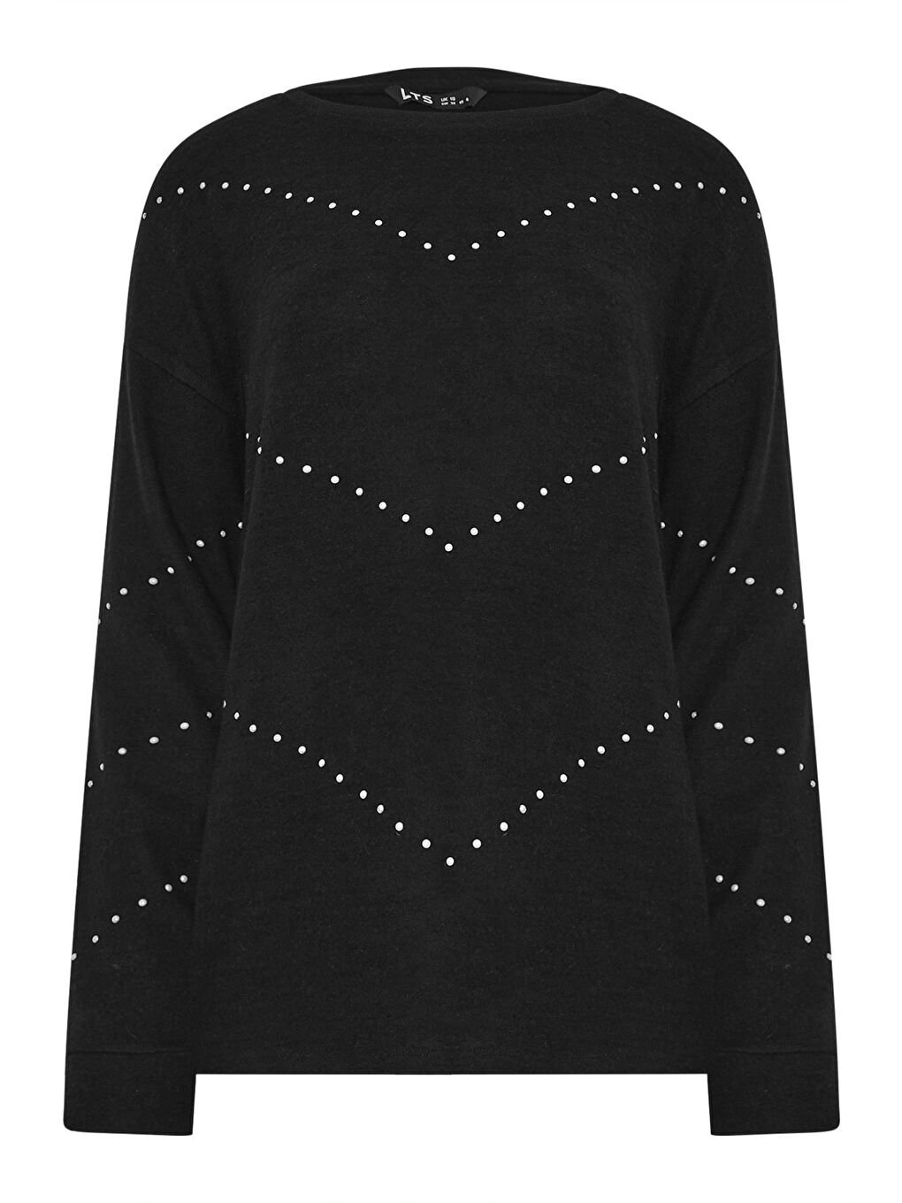 Siyah Büyük Beden Bisiklet Yaka Uzun Kollu Taşlı İnce Sweatshirt 356682-6