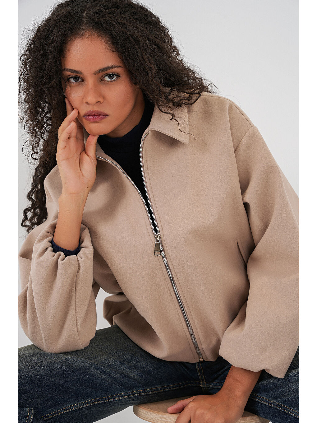 Kadın Büzgülü Oversize Kaşe Ceket 0728 - Bej-2