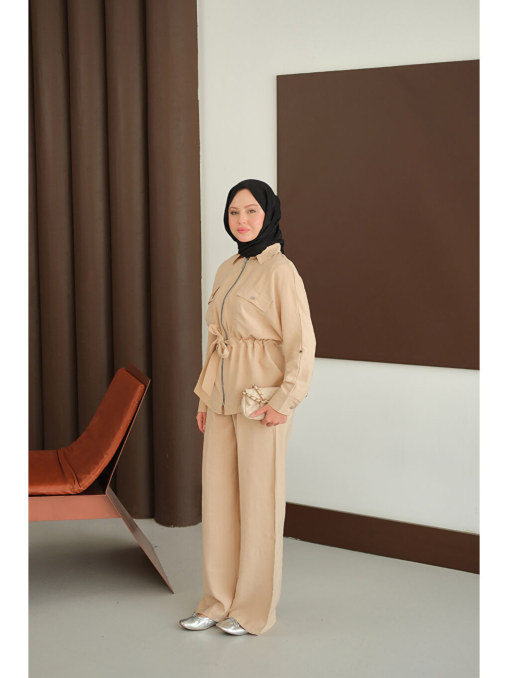 Ekru Kadın Fermuarlı İkili Takım Krem-3