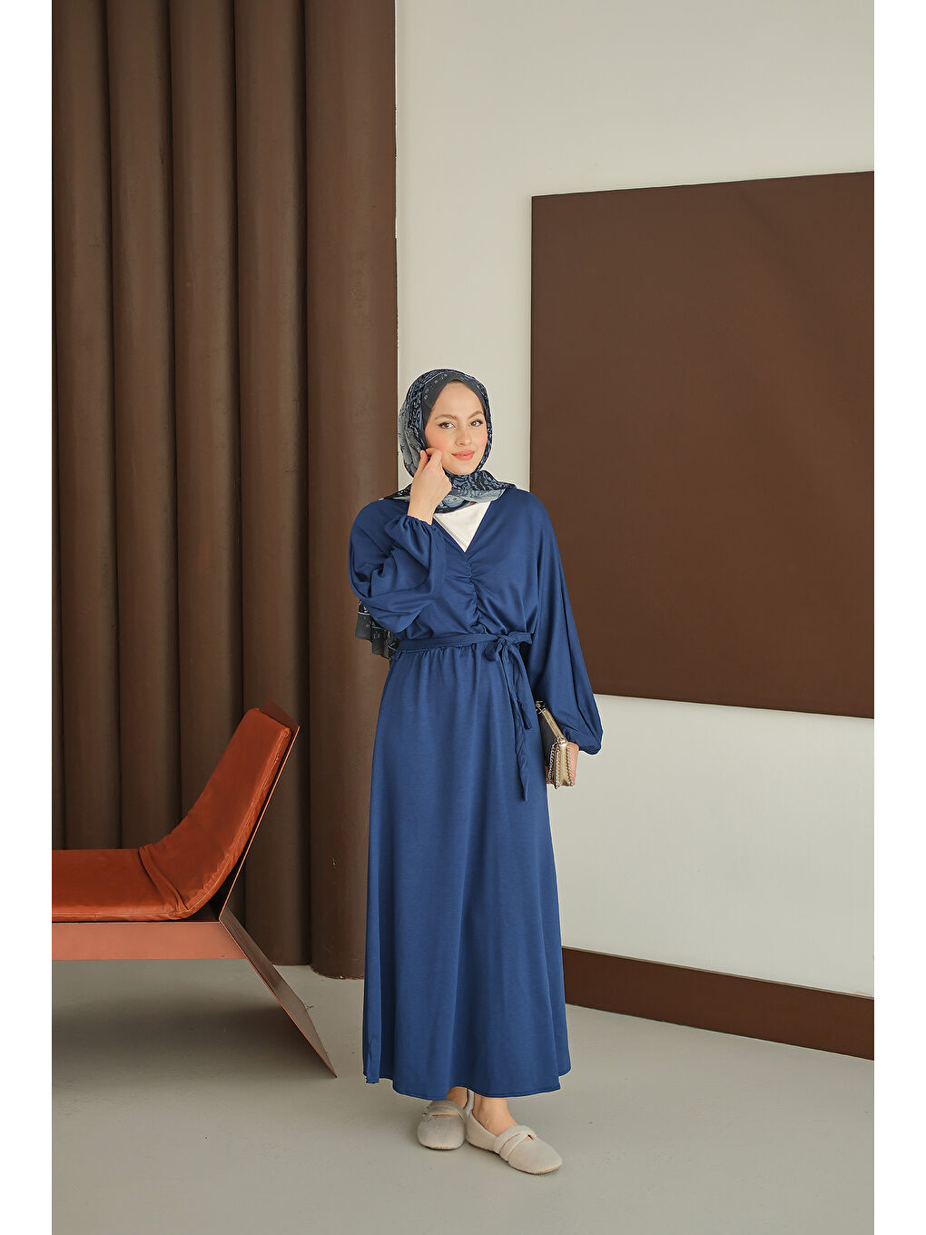 Kadın Büzgü Detay Elbise Saks Mavi-1