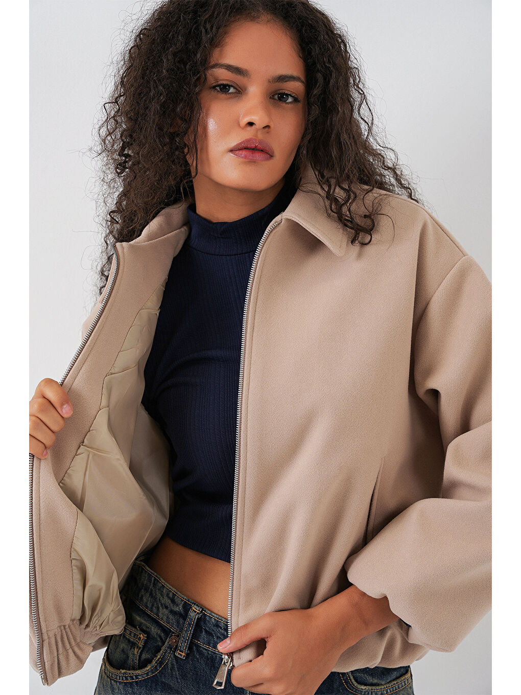 Kadın Büzgülü Oversize Kaşe Ceket 0728 - Bej-3