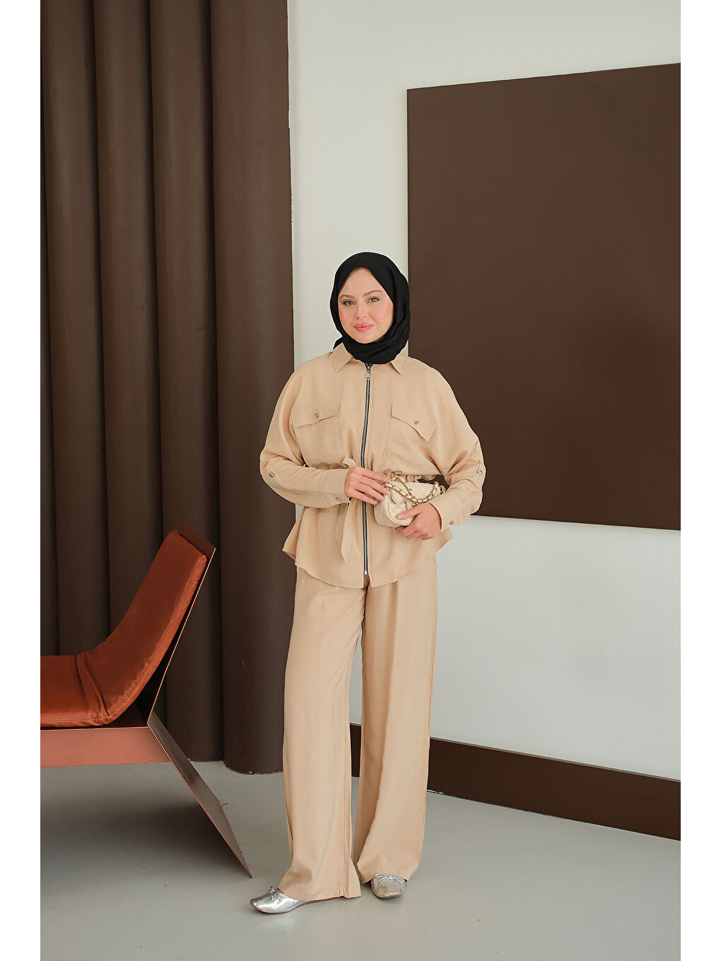 Ekru Kadın Fermuarlı İkili Takım Krem-4