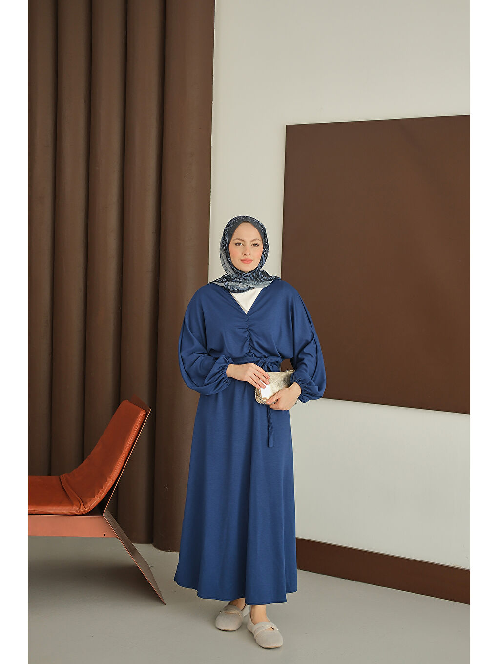 Kadın Büzgü Detay Elbise Saks Mavi-2