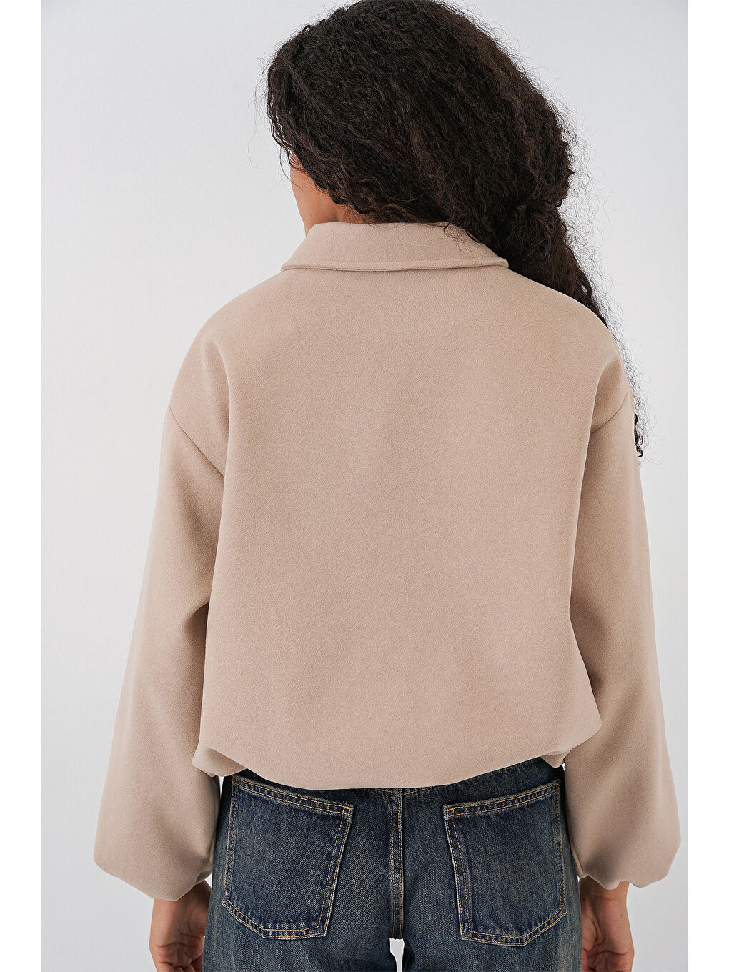 Kadın Büzgülü Oversize Kaşe Ceket 0728 - Bej-5