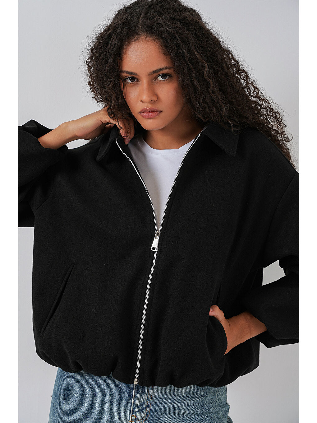 Kadın Büzgülü Oversize Kaşe Ceket 0728 - Siyah