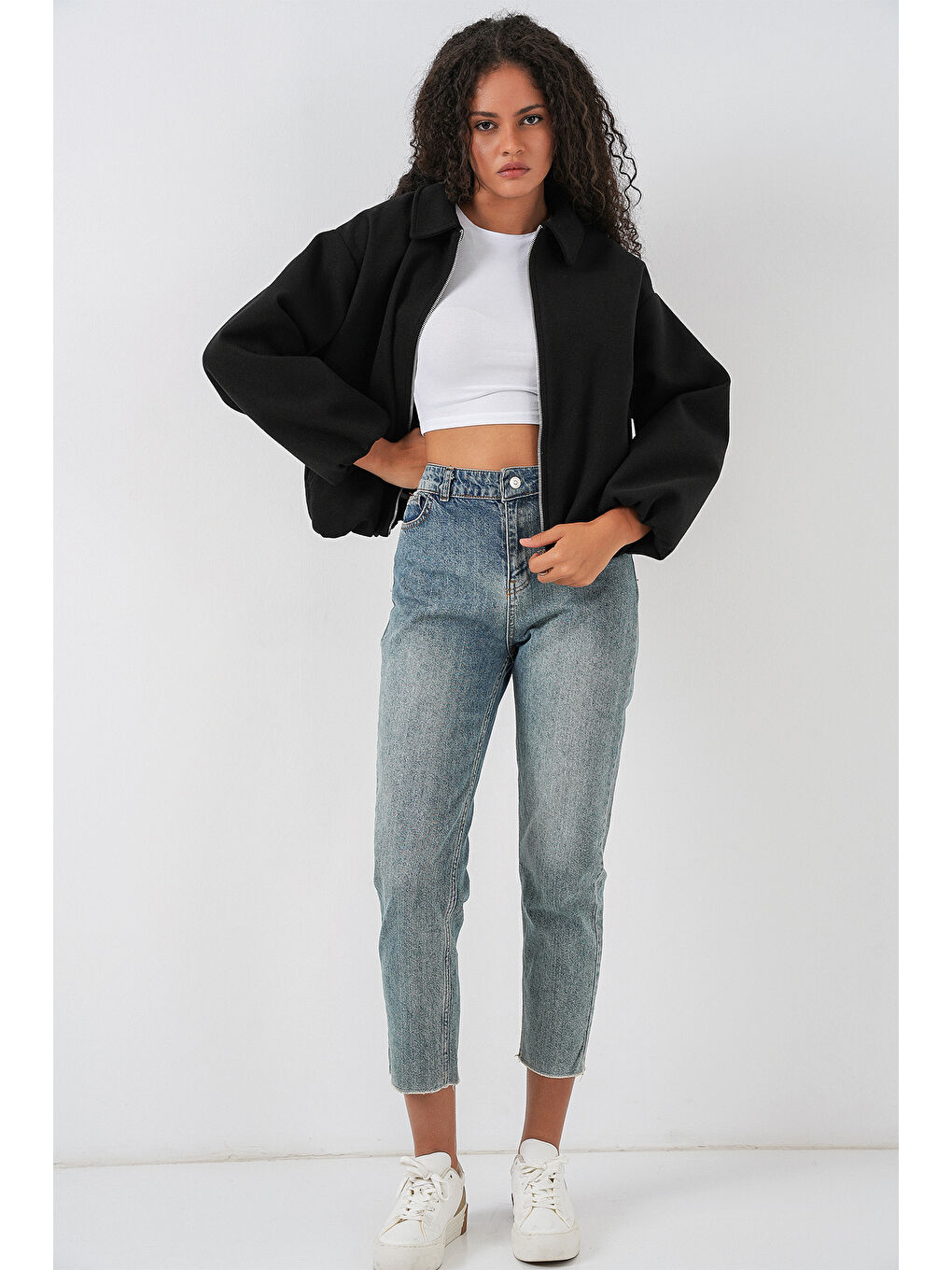 Kadın Büzgülü Oversize Kaşe Ceket 0728 - Siyah-1