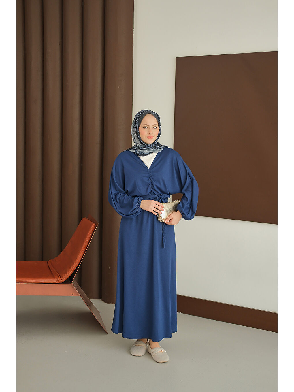 Kadın Büzgü Detay Elbise Saks Mavi-3