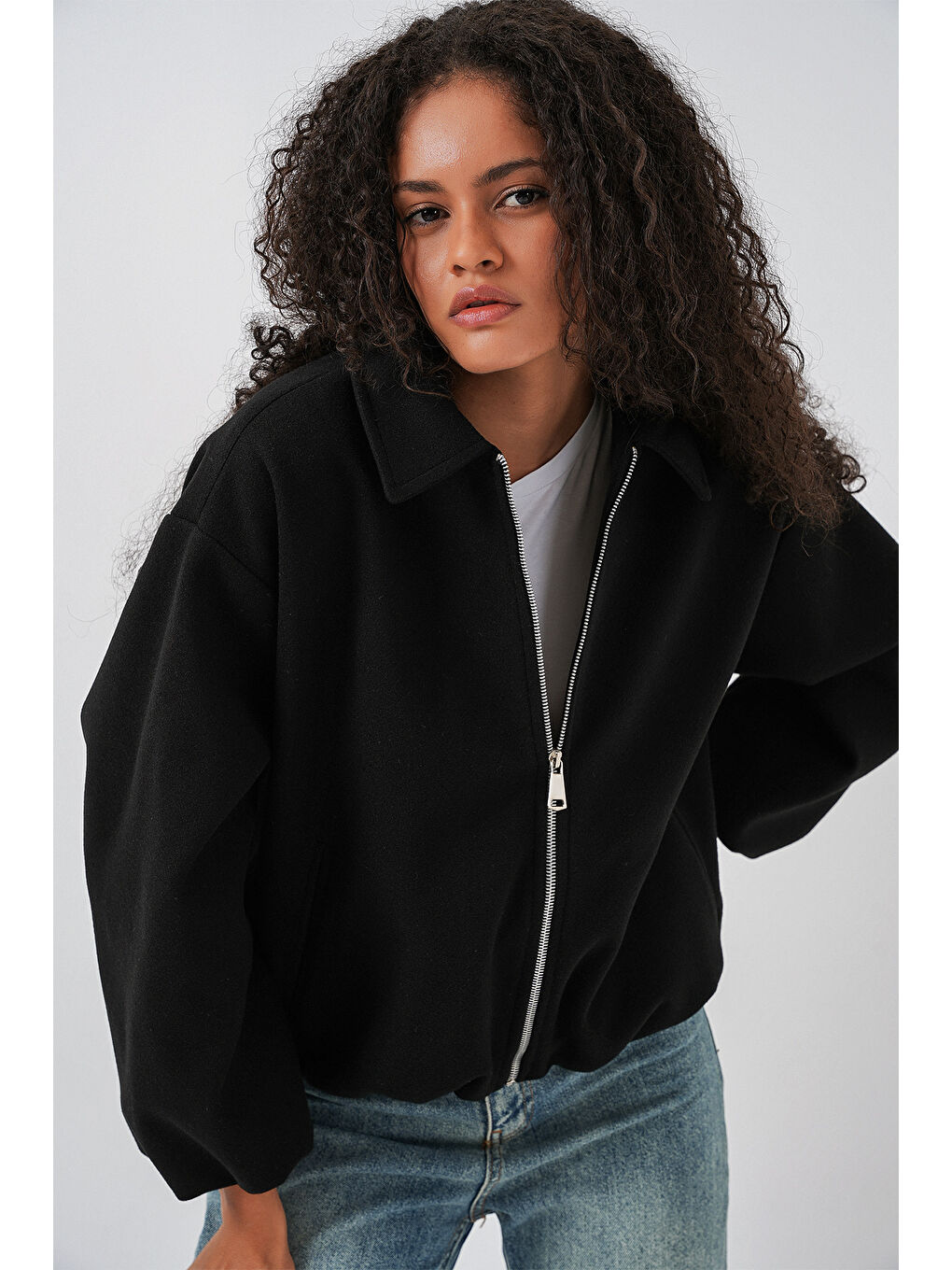 Kadın Büzgülü Oversize Kaşe Ceket 0728 - Siyah-2