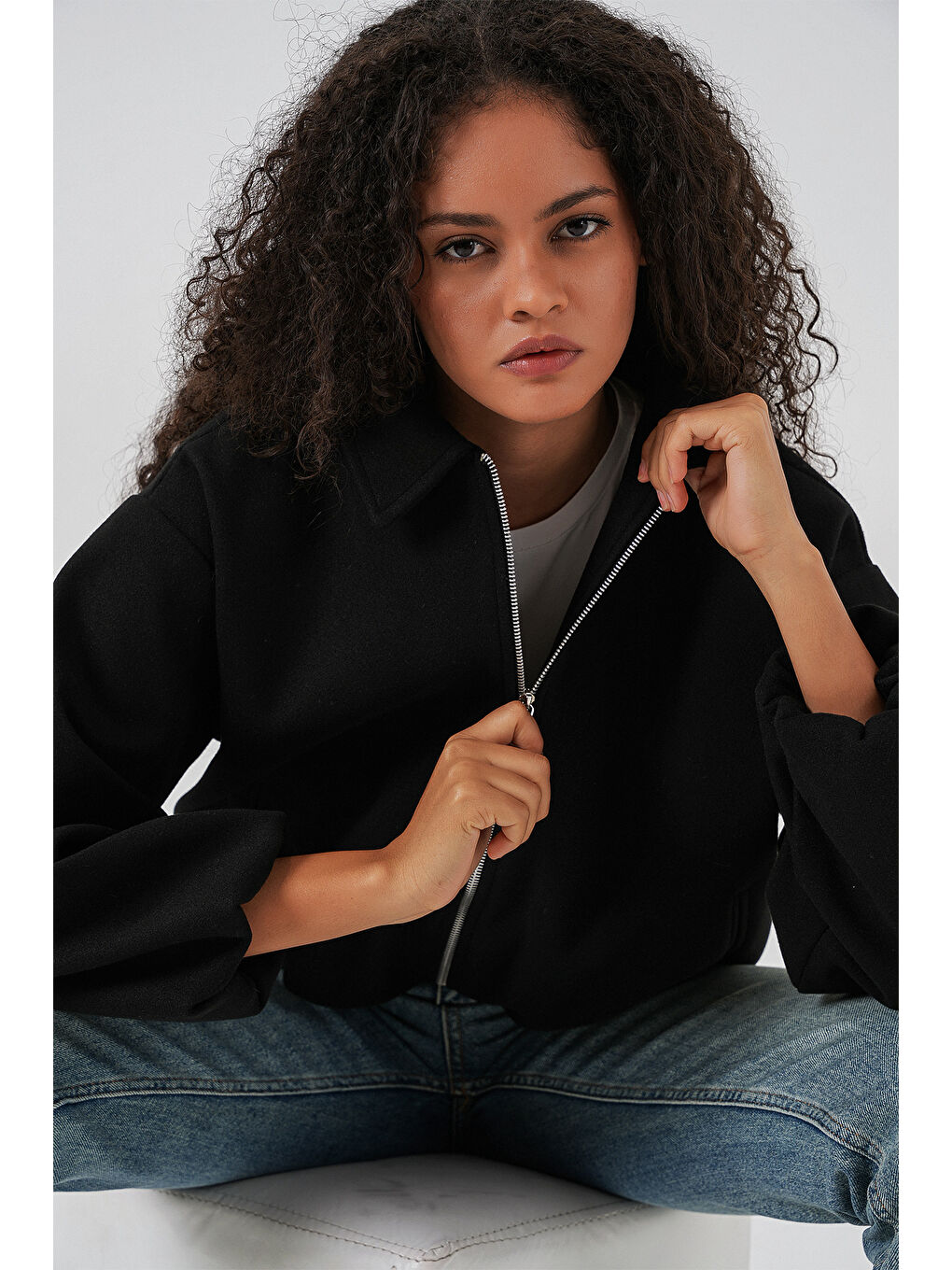 Kadın Büzgülü Oversize Kaşe Ceket 0728 - Siyah-3