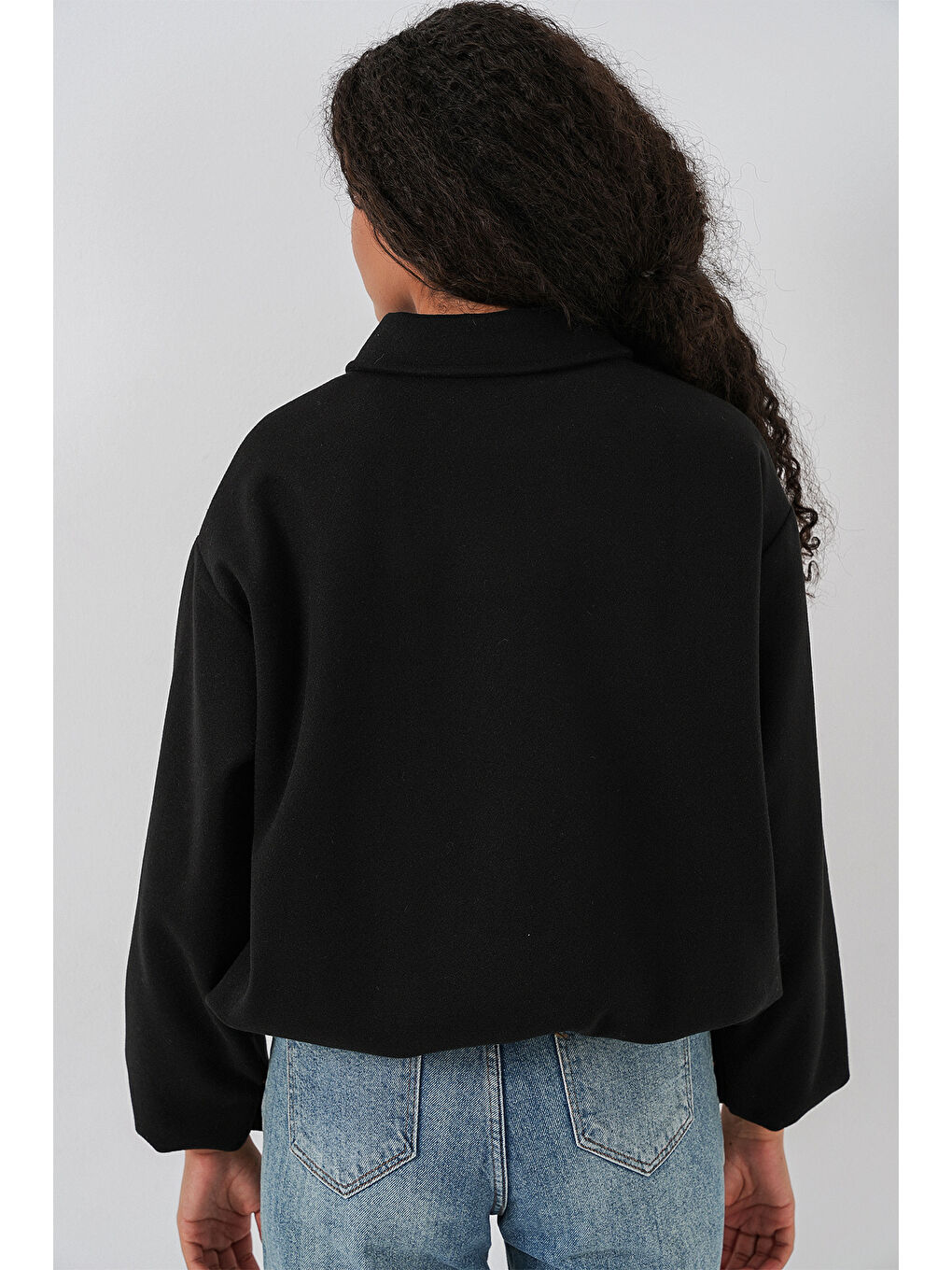 Kadın Büzgülü Oversize Kaşe Ceket 0728 - Siyah-4