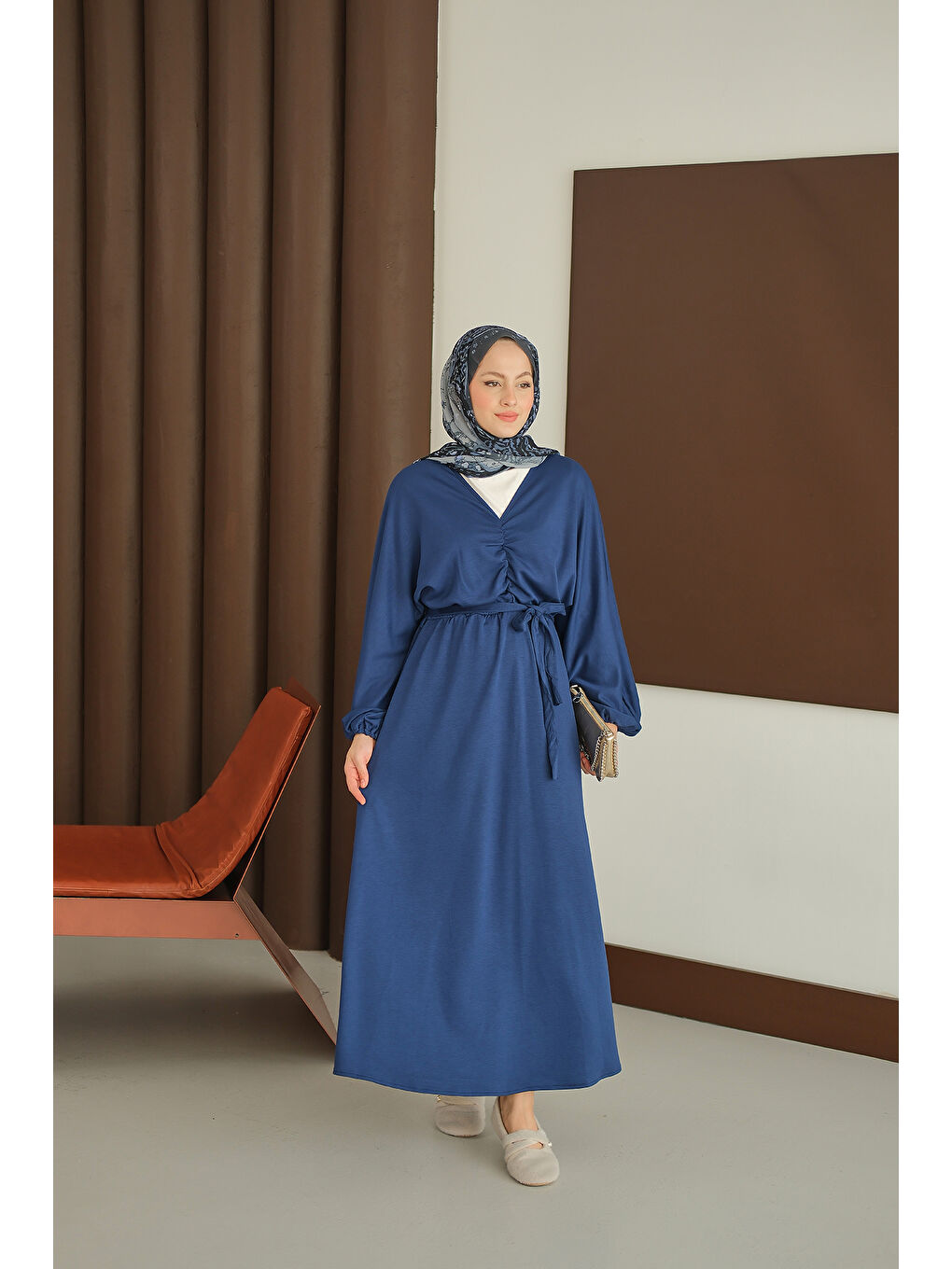 Kadın Büzgü Detay Elbise Saks Mavi-4