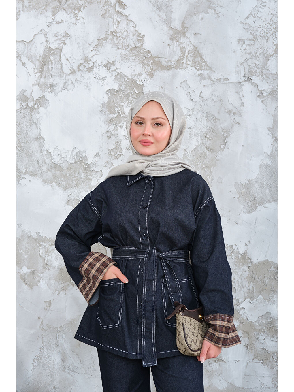 Kadın Dikiş Detay Gömlek Yaka Garnili İkili Takım Lacivert-2