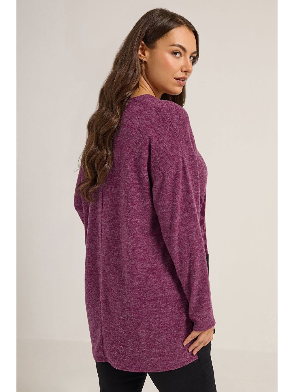 Mor Büyük Beden V Yaka Uzun Kollu Pelüş Sweatshirt 285053-4