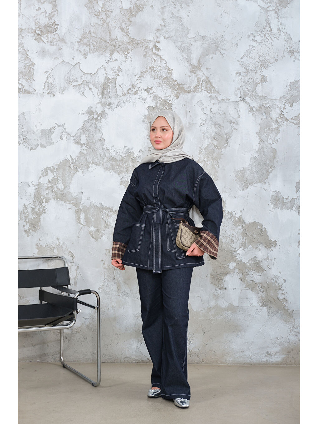 Kadın Dikiş Detay Gömlek Yaka Garnili İkili Takım Lacivert-3