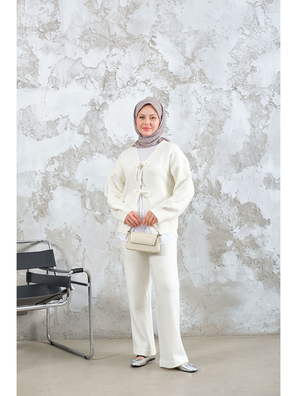 Kadın Ön Bağlamalı Triko Takım Bej-2