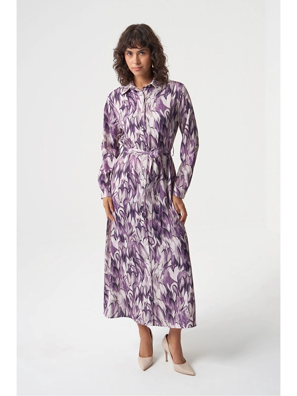 Karışık Elips Desenli Gömlek Desenli  Elbise