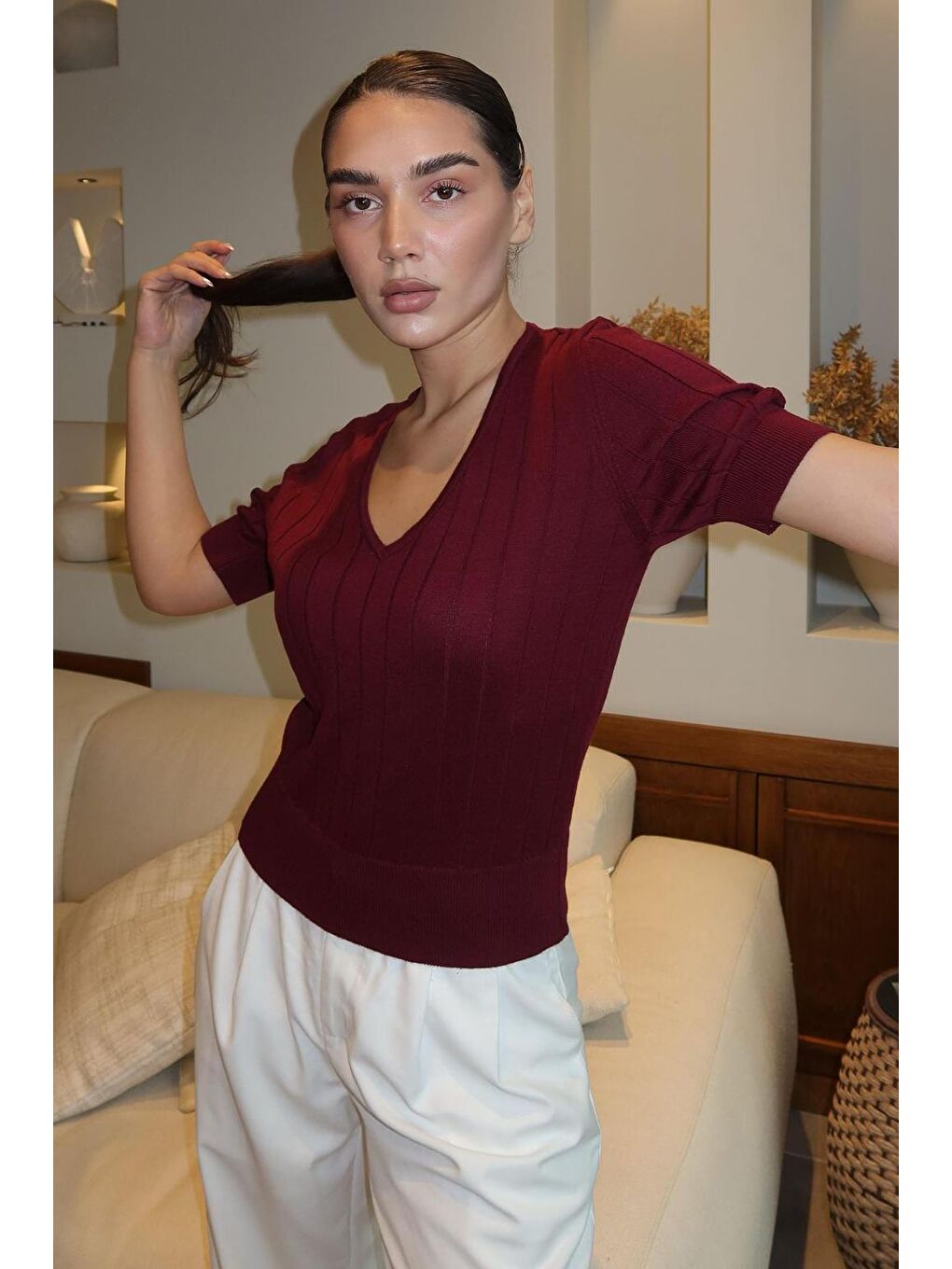 Bordo V Yaka Örgülü Kadın Triko Tişört Mg2369-3