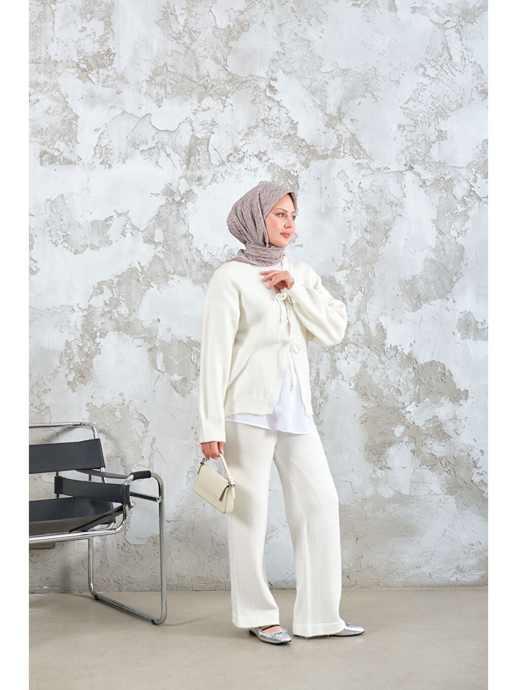 Kadın Ön Bağlamalı Triko Takım Bej-3