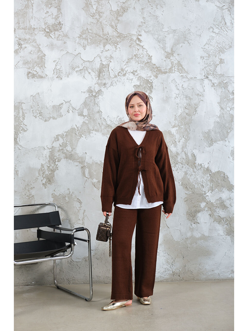 Kadın Ön Bağlamalı Triko Takım Kahverengi