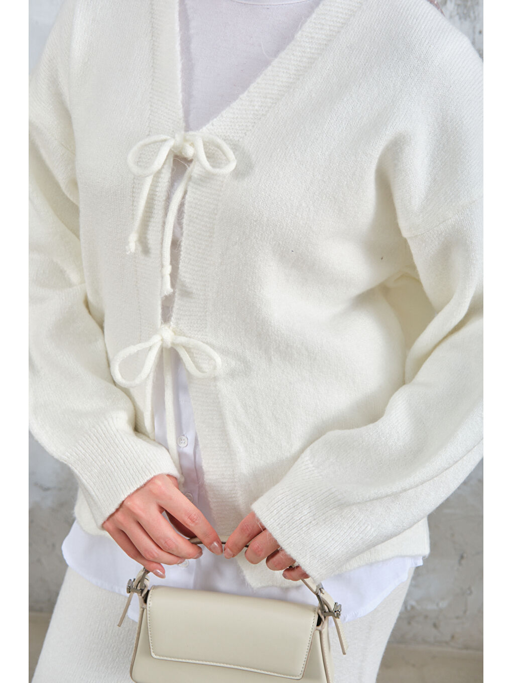 Kadın Ön Bağlamalı Triko Takım Bej-4