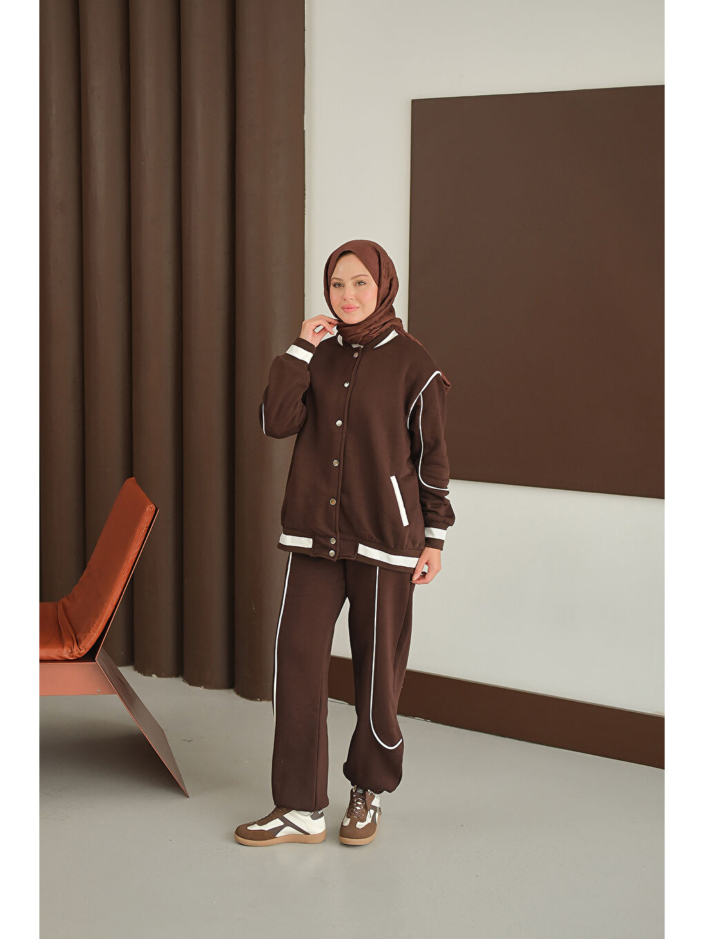 Kadın Şerit Detay Takım Kahverengi-1
